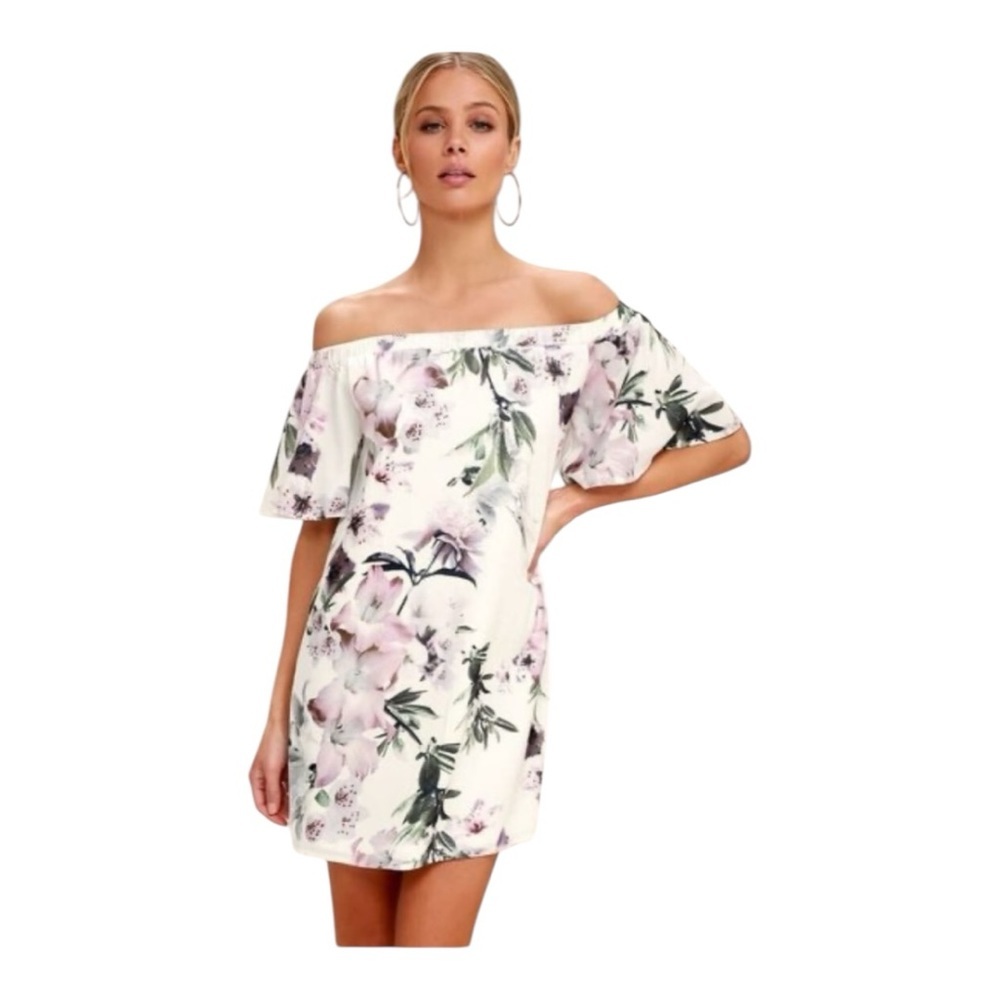 Lulu’s Dream of You Ivory Off The Shoulder Floral Mini Chiffon Shift Dress Sz XS